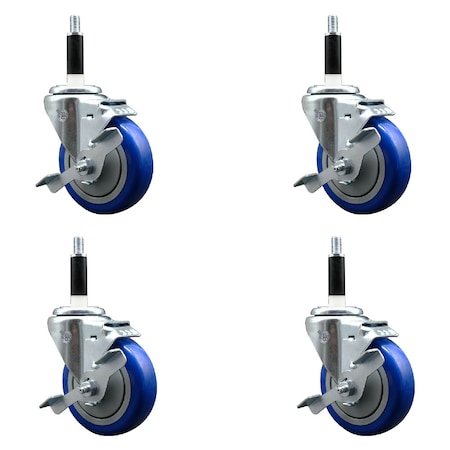 Service Caster 4'' SS Blue Poly Swivel 7/8'' Expanding Stem Caster Set with Brake, 4PK SCC-SSEX20S414-PPUB-BLUE-TLB-78-4
